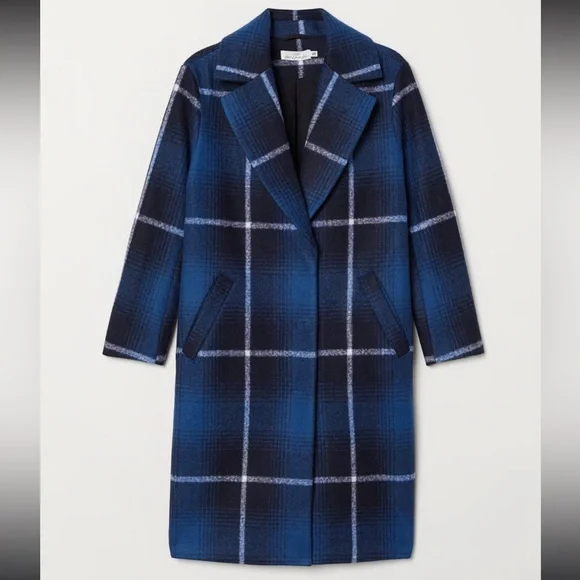 H&M Felted Oversized Coat Check Plaid Dark Blue Size M Bloggers' Favorite - Picture 1 of 15